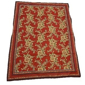 Vintage Country Living Jacobean Floral Tablecloth Border Burgundy 50 X 69